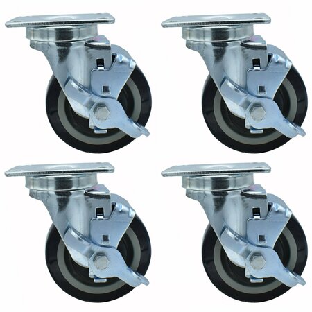 BK RESOURCES 4-inch Plate Casters, Polyurethane Wheels, Top Lock Brake, 300lb Capacity, 4PK 4SBR-1PT-PLY-PS4